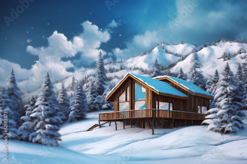 Luxury Modern Wooden American House In Winter Mountains. Generative Ai  © Naseem
