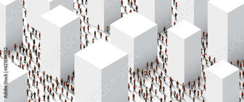 Large group of people is standing in a minimalistic city. Population concept.