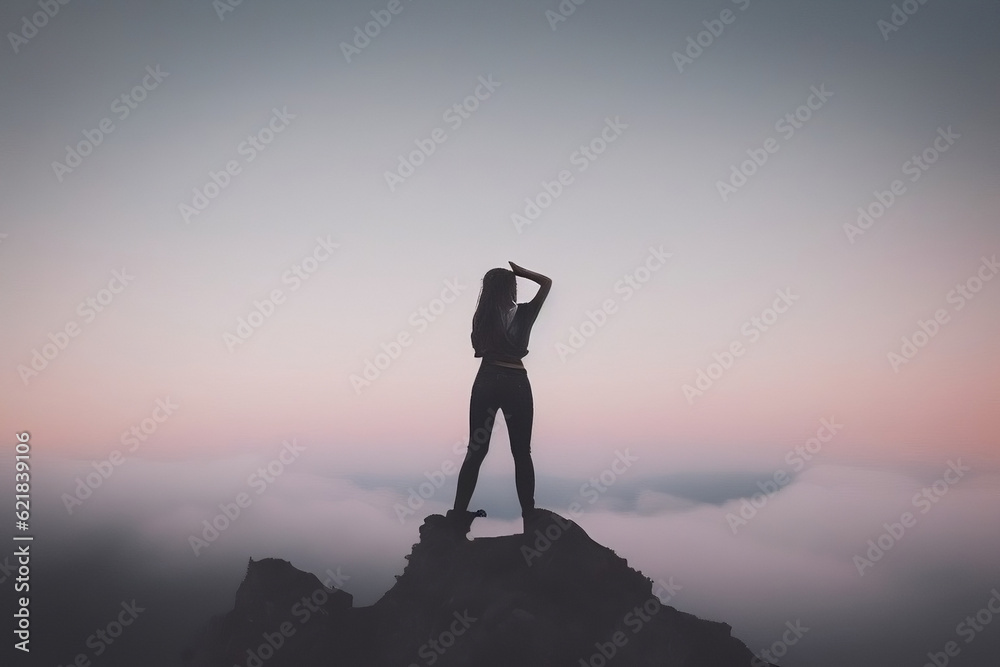girl above the clouds sunset silhouette 