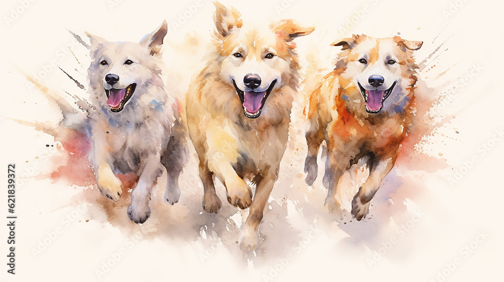 a group of cheerful dogs running on a white watercolor background. Generative AI a group of cheerful dogs running on a white watercolor background. Generative AI