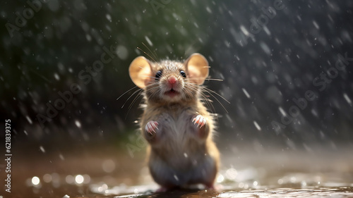 a cheerful little mouse is bathing in a puddle of splashing water. Generative AI