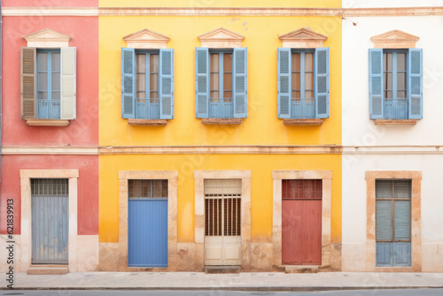 Old colorful facade of townhouses with blue shutters