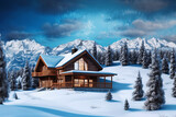 Luxury Modern Wooden American House In Winter Mountains. Generative Ai 