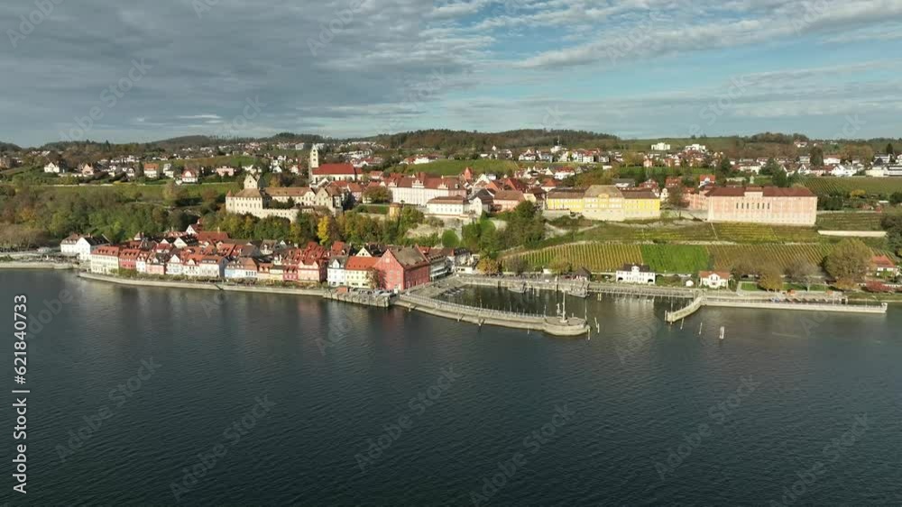 Aerial view of the town of Meersburg on Lake Constance with the historic castle, old town, lakeside promenade, harbour, new castle and state winery, Lake Constance district, Baden-Wuerttemberg