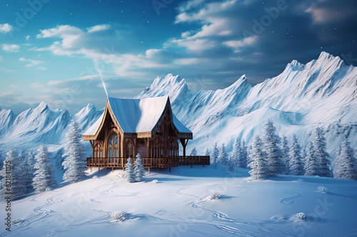 Luxury Modern Wooden American House In Winter Mountains. Generative Ai  photo