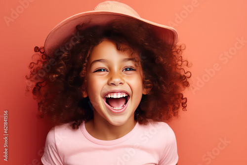 Cute junior girl laughing and smiling with curly brown hair isolated on red flat background with copy space. Happy little girl portrait. Generative AI studio photo imitation.