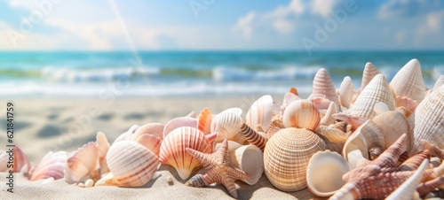 Vacation summer holiday travel tropical ocean sea panorama landscape - Close up of many seashells, sea shell on the sandy beach, with ocean in the background  (Generative Ai)
