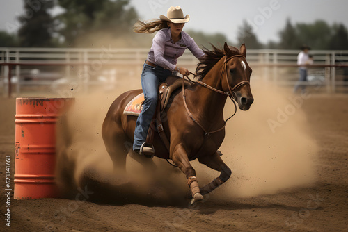 women horse barrel racing. Neural network generated in May 2023. Not based on any actual person, scene or pattern.