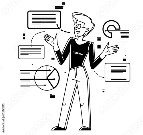 Intellectual worker making analysis of some data on pc or web, data systematization, collecting and analyzing information, vector outline illustration.