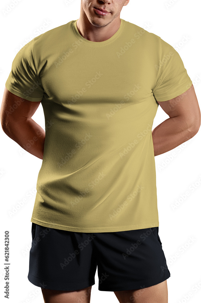 Mockup of yellow canvas bella t-shirt on athletic man, png, front view Mockup of yellow canvas bella t-shirt on athletic man, png, front view