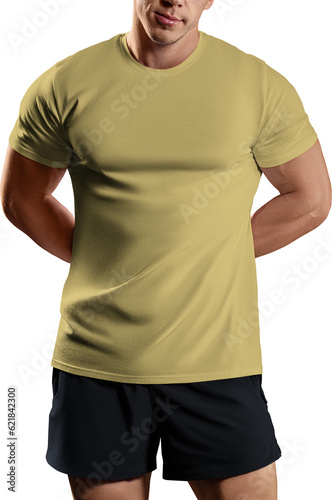 Mockup of yellow canvas bella t-shirt on athletic man, png, front view