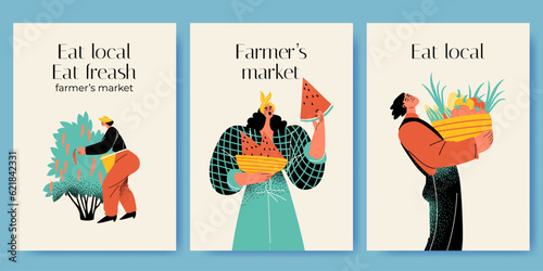 Eat local concept. Farmers market invitation card set with funny characters picking and selling fruits and vegetables
