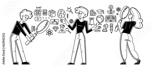 Education in university or collage, students are doing homework or preparing for exam, vector outline illustration, study sciences and graduate.