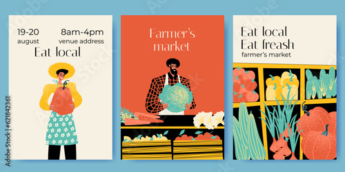 Farmers market invitation vector postcard set with funny characters selling vegetables photo