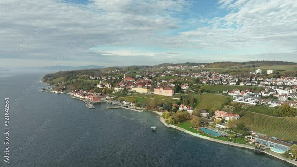 Aerial view of the town of Meersburg on Lake Constance with the historic castle, old town, lakeside promenade, harbour, new castle, state winery and thermal spa, Lake Constance district Aerial view of the town of Meersburg on Lake Constance with the historic castle, old town, lakeside promenade, harbour, new castle, state winery and thermal spa, Lake Constance district