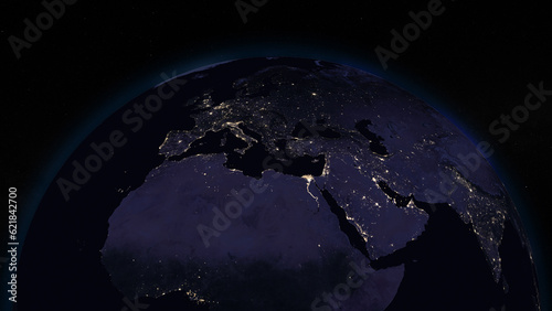 Fototapeta Naklejka Na Ścianę i Meble -  Planet Earth focused on Europe by night. Illuminated cities on dark side of the Earth. Elements of this image furnished by NASA