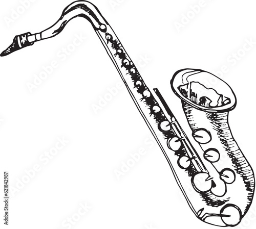 Saxophone jazz musical instrument vector illustration isolated. Sax symphony orchestra woodwind instrument silhouette ink hand drawn. Element for design wrapping, postcard, brochure, invitation