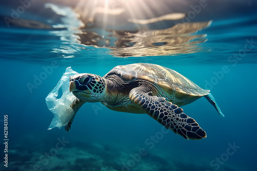 sea turtle underwater plastic bag, ocean pollution. Generative AI