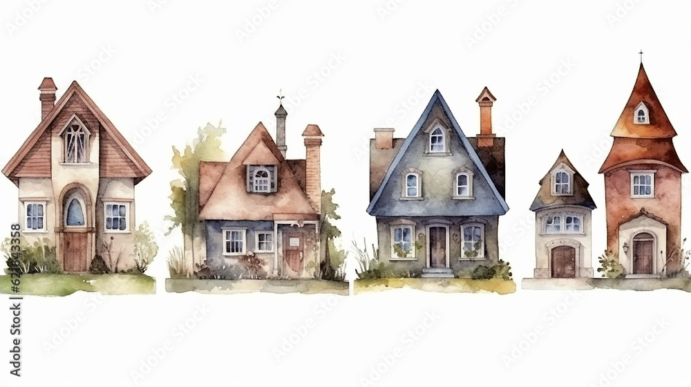collection of a set of small European rustic fairy-tale houses painted in watercolor. Generative AI collection of a set of small European rustic fairy-tale houses painted in watercolor. Generative AI