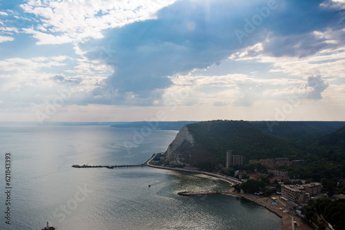 View of the pier. Sunset. Aerial view of the Black Sea coast in Kavarna, Bulgaria.