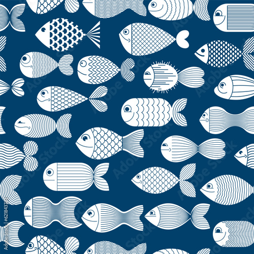 Funny cartoon fishes vector seamless background, cute childish pattern for children textile or wrapping paper or packaging for seafood products.