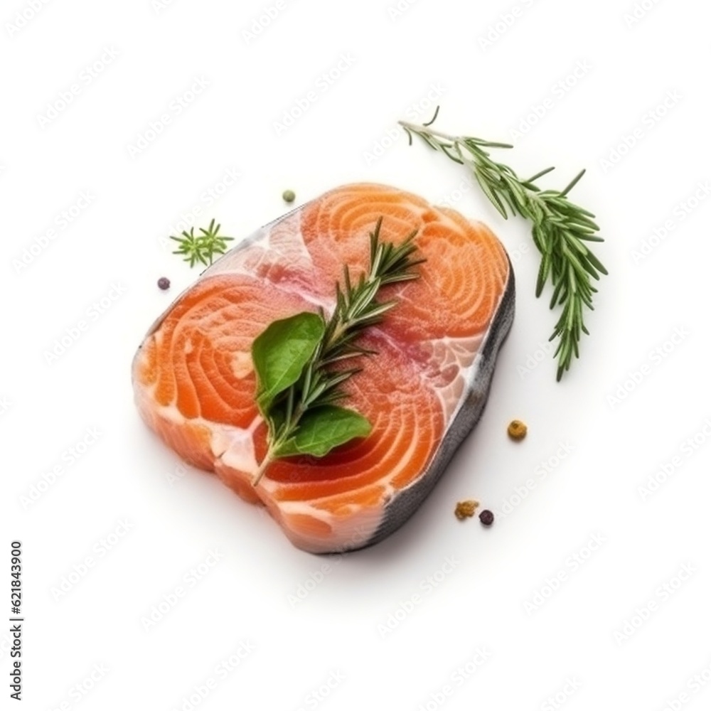 Salmon steak with herbs on isolated white background generative ai Salmon steak with herbs on isolated white background generative ai