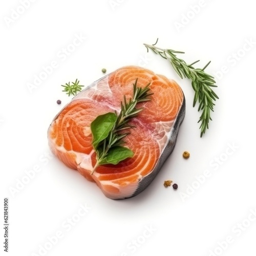 Salmon steak with herbs on isolated white background generative ai