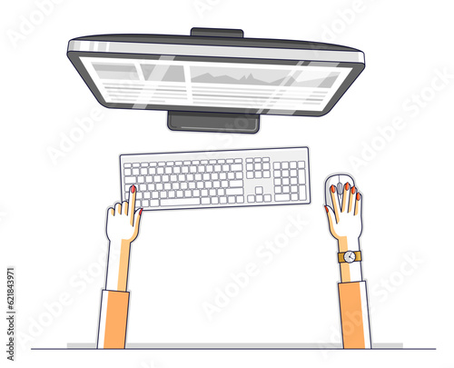 Office worker or entrepreneur business woman working on a PC computer, top view of workspace desk with human hands, overhead look. Vector illustration.
