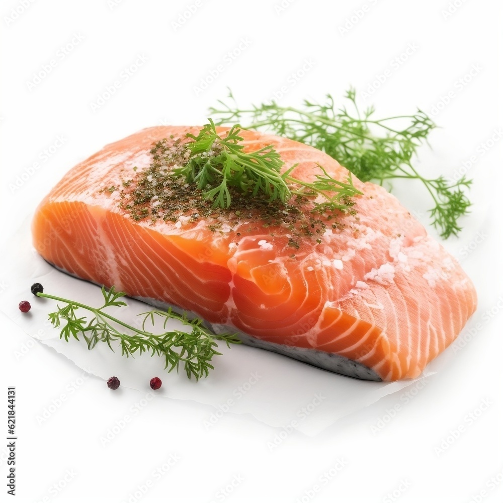 Salmon steak with herbs on isolated white background generative ai Salmon steak with herbs on isolated white background generative ai
