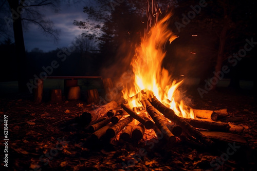 Autumn s Embrace  The Enchanting Warmth of a Crackling Bonfire on a Serene Eve -Generative AI