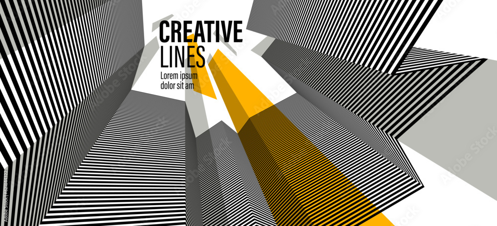 3D black and white lines in perspective with yellow elements abstract ...