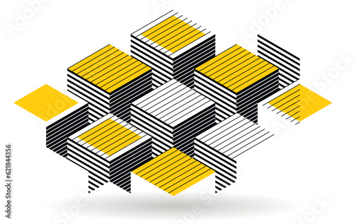 Abstract vector art with 3D isometric cubes geometric background, op art blocks with different forms isolated, polygonal graphic design, cubical theme.