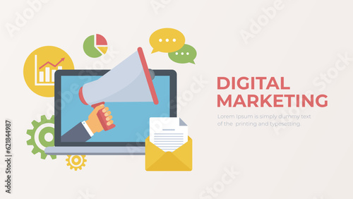 Digital marketing vector. Promotion services on the internet concept. E-commerce and development strategy illustration. 