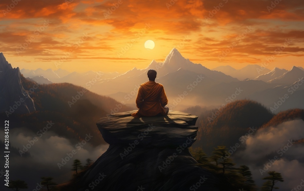 A person sitting on top of a mountain with a sunset in the background. AI