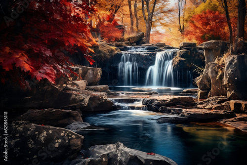 Nature's Canvas Unveiled: The Rich Hues of Autumn Surrounding a Cascading Waterfall -Generative A