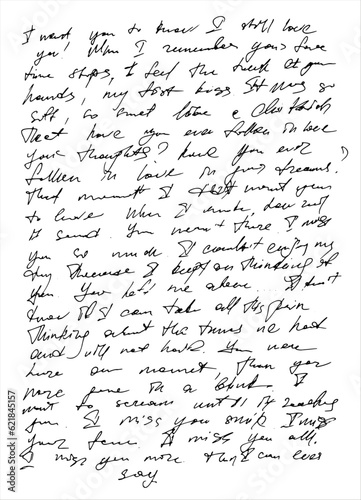 Handwritten ink text background. Love letter imitation of vintage writting. Old style letters wallpaper. Inscriptions background. pattern written with a black pen. illustration for fabric texture