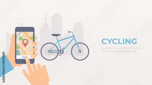 Cycling or riding bycycle with navigator vector. Online map mobile app. Smartphone with gps pins illustration.