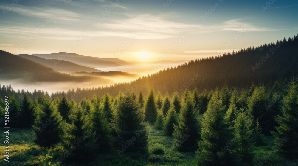 landscape with pines or fir trees on nature