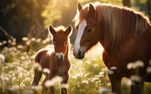 Fotografia A baby horse standing next to an old horse. AI