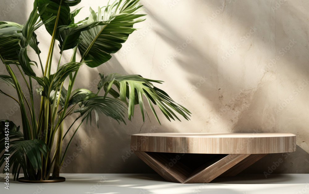 Tropical Minimalism: Modern Brown Geometric Podium Table with Sunlit Banana Tree on Polished Cement Wall, luxury cosmetic, beauty product display background 3D