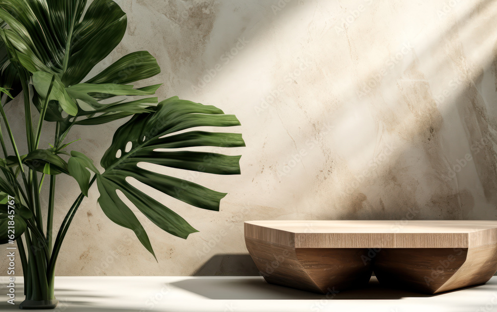 Contemporary Sophistication: Geometric Shape Wooden Podium Table with Sunlit Banana Tree, luxury skincare, beauty product display background 3D