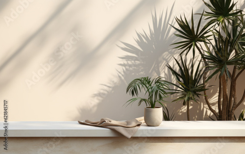 Tropical Elegance: Soft Beige Cotton Tablecloth with Tropical Dracaena Tree for Luxury Organic Beauty Display