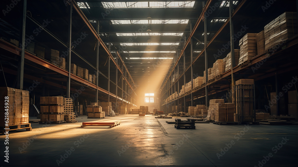 Evoking an Ambiance of Empty Warehouse with Dramatic Lighting. Generative Ai Evoking an Ambiance of Empty Warehouse with Dramatic Lighting. Generative Ai