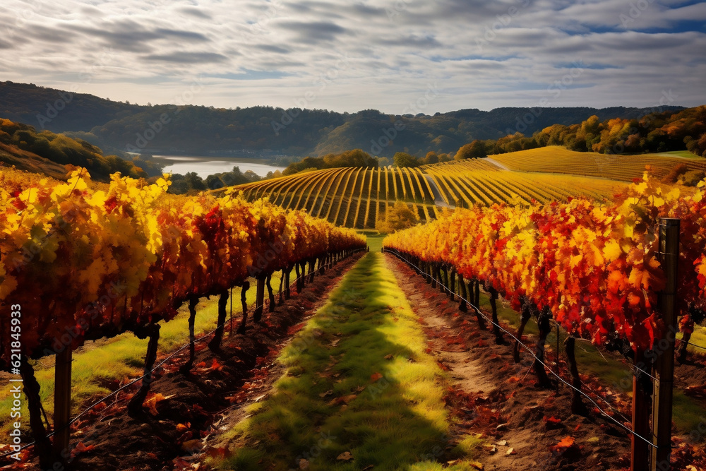 Autumn's Vineyard Retreat: Grapevines Amidst a Charming Landscape of Autumn Colors -Generative AI