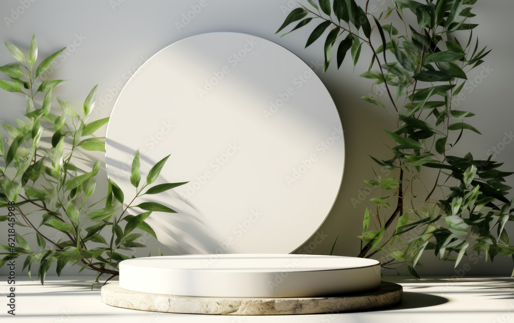 Whiten Your Beauty: Beautiful White Podium for Skincare Products Display with Natural Green Leaves and Sunlight Whiten Your Beauty: Beautiful White Podium for Skincare Products Display with Natural Green Leaves and Sunlight