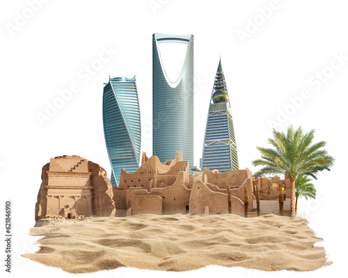 Kingdom of Saudi Arabia skyline with nature. celebrating the national day. abstract design template. old arch and dune sand, 3d illustration. isolated white background.