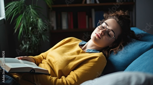 Young tired woman sleeping near books on couch at home