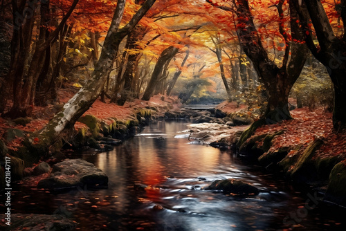 Nature's Melody: A Gentle Stream Serenading a Lush Autumn Landscape -Generative AI