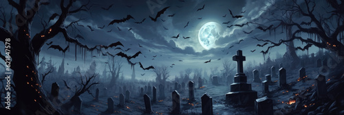 Dark Background of Graveyard with moon and bats. generative ai