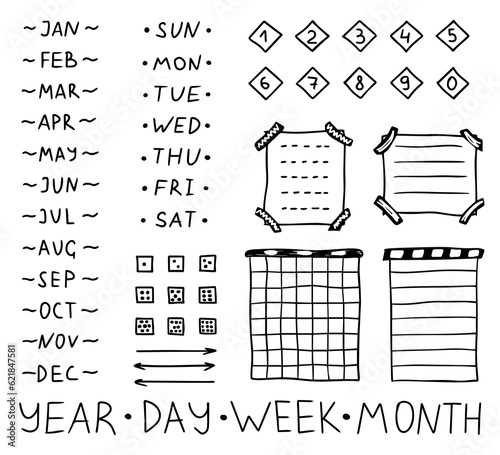 Bullet journal doodle set. Hand drawn elements, numbers, month names and days of the week, stickers, planner labels. Sketch scribble style. Vector illustration for diary, planner, notebook